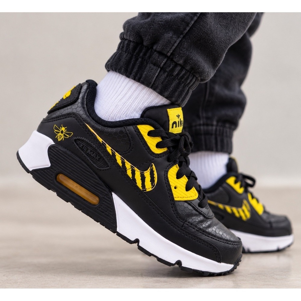 Nike Boys Air Max 90 SE PS Bee Shoes 3Y Black Yellow Honeycomb Zebra Sneakers